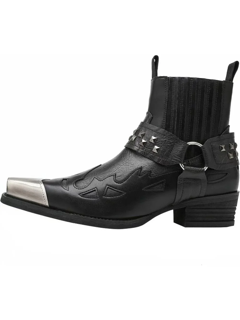 🆕Men's Black Western Chelsea Boots Studded Metal Toe Ankle Boots